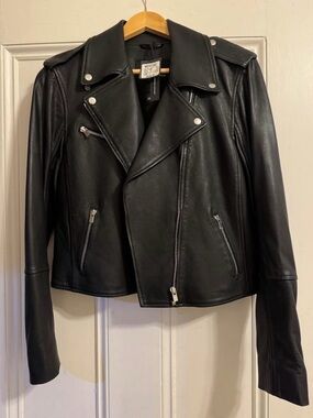 Club Monaco Black Leather Moto Jacket with Silver Hardware